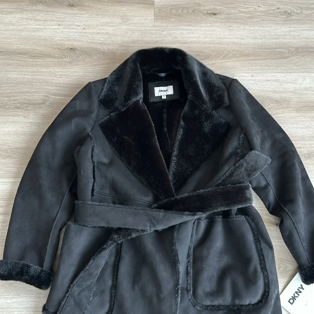 DKNY Women's Petite Belted Notched-Collar Faux-Shearling Coat
